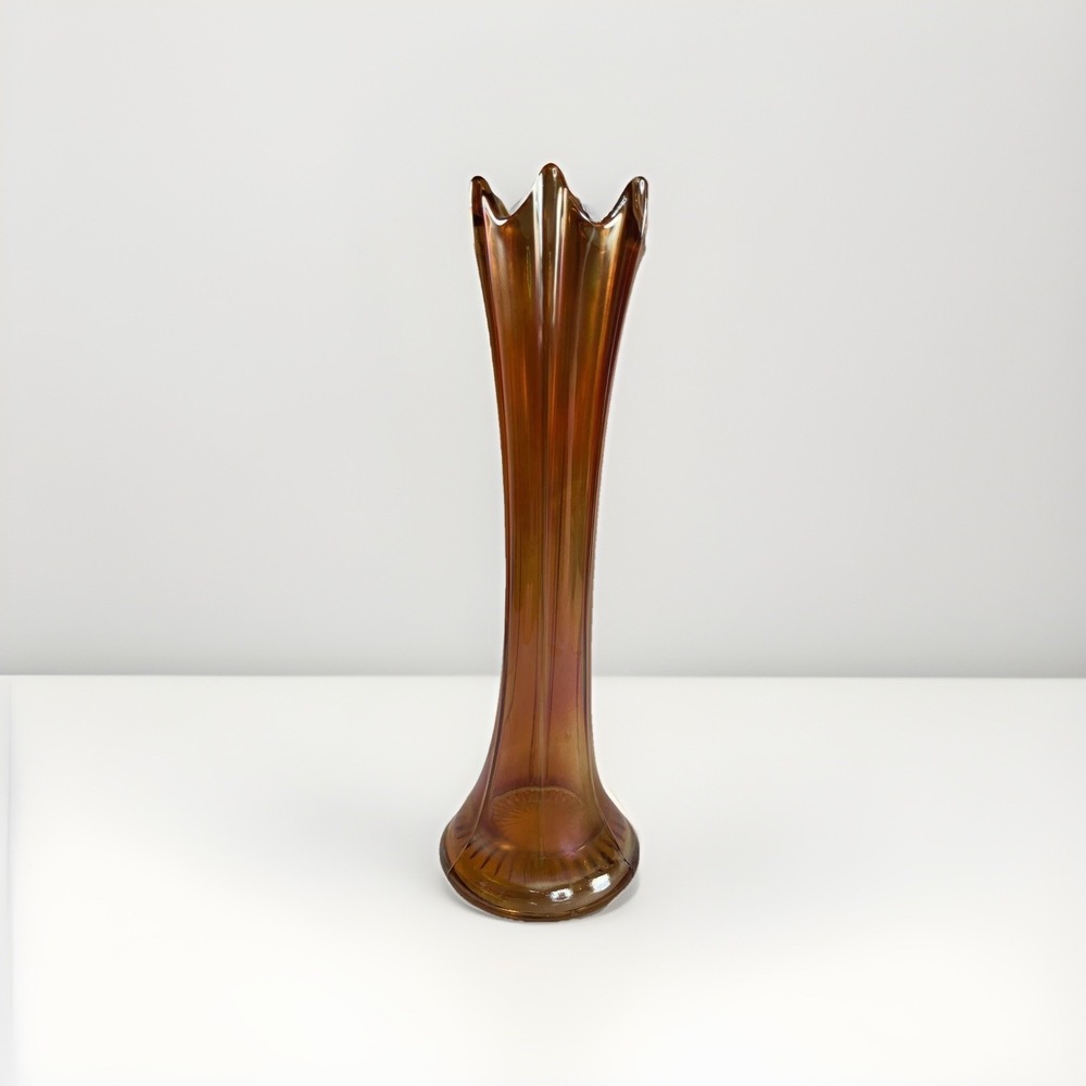 Vintage Dugan Diamond Thin Rib Six Ribbed Marigold Carnival Glass Vase Retro MCM